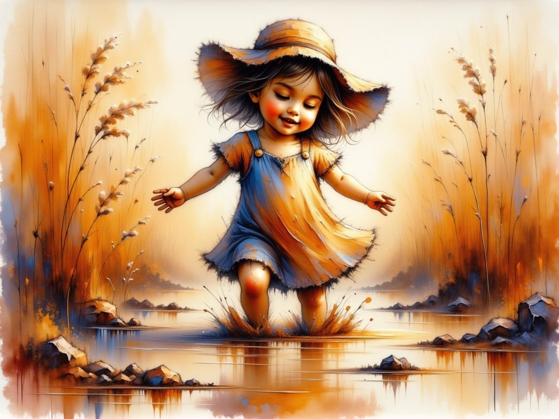 Watercolor Painting of Toddler Girl Splashing in Puddle
