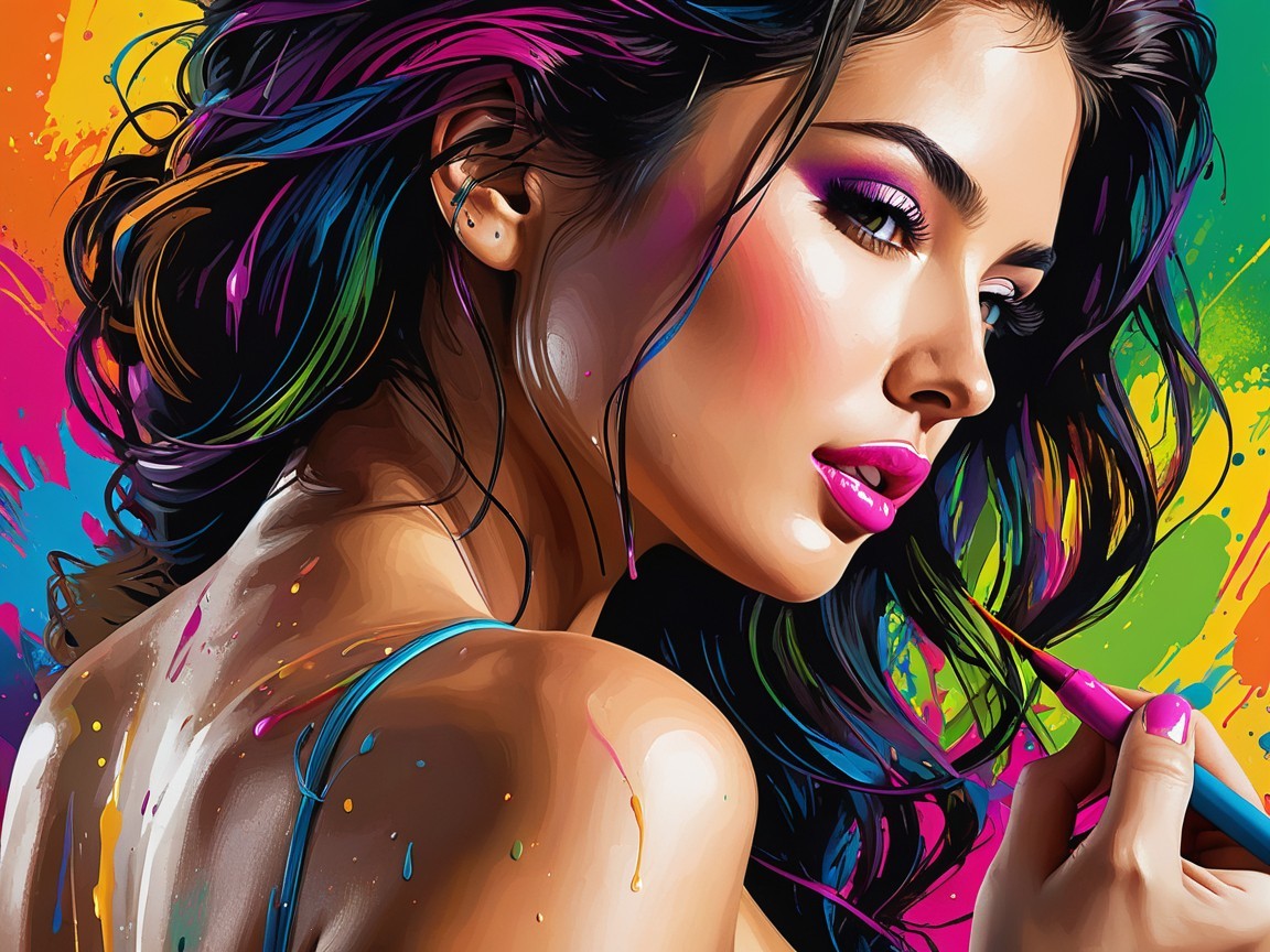 Ultra-realistic painting of a woman with rainbow hair
