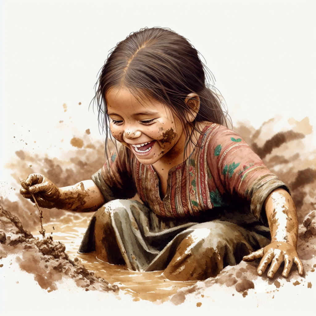 Young girl playing joyfully in mud and water