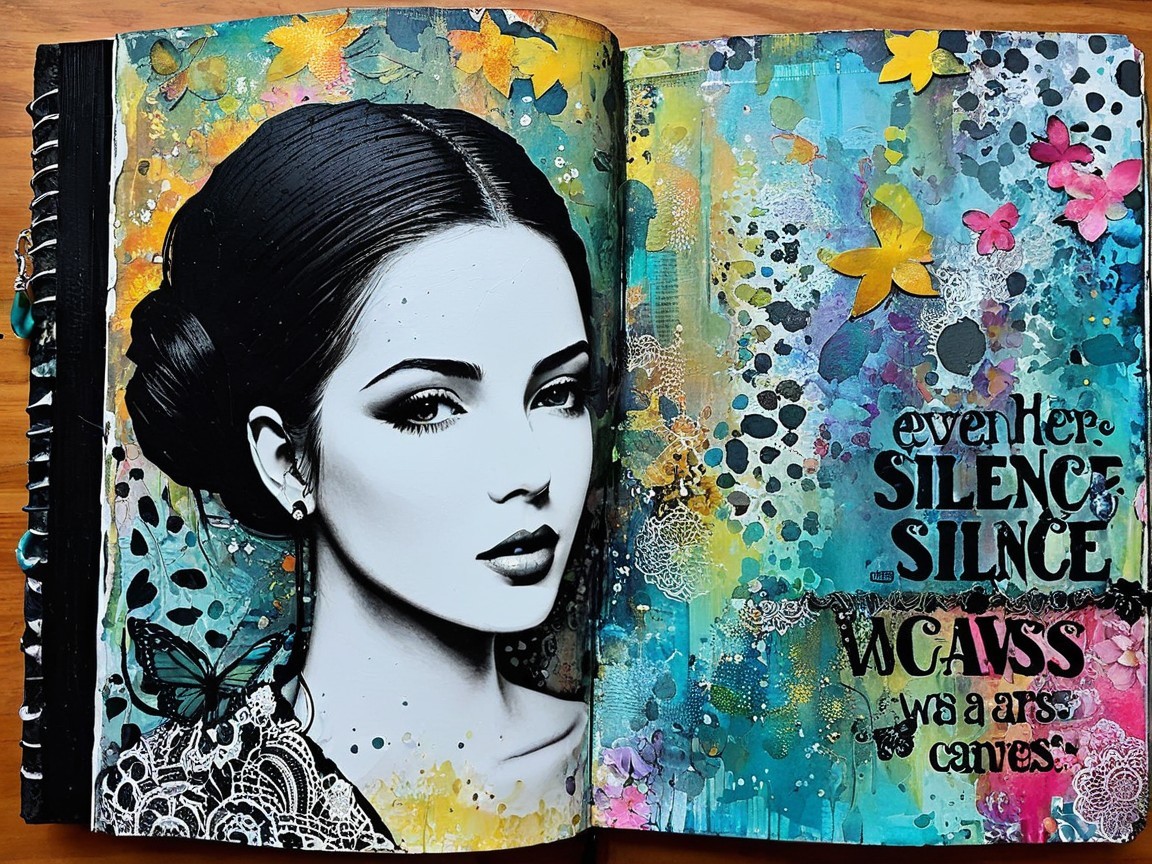 Mixed-Media Art Journal with Young Woman and Textures