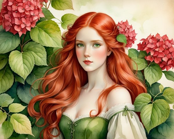 Young Woman in Green Dress Surrounded by Flowers