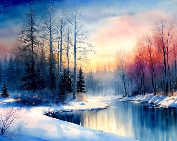 Winter Forest Watercolor with River at Dawn or Dusk