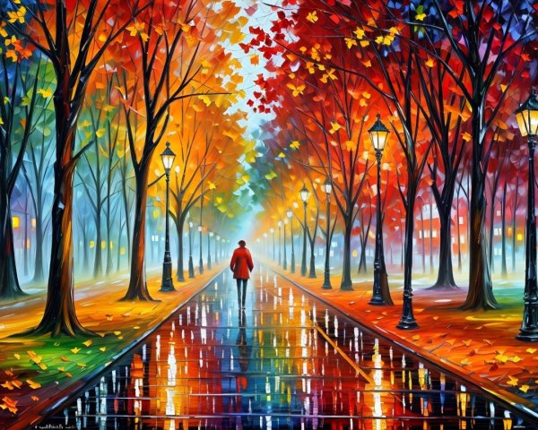 Lone Figure in Red Coat on Autumn Street Scene