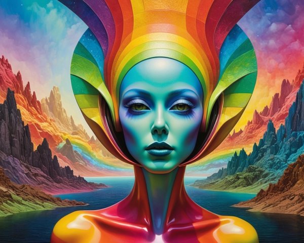 Surreal Portrait of a Woman with Colorful Skin and Headdress
