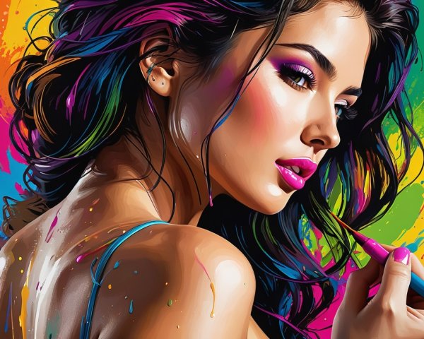 Ultra-realistic painting of a woman with rainbow hair