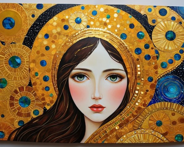 Portrait of a Woman with Green Eyes and Golden Background