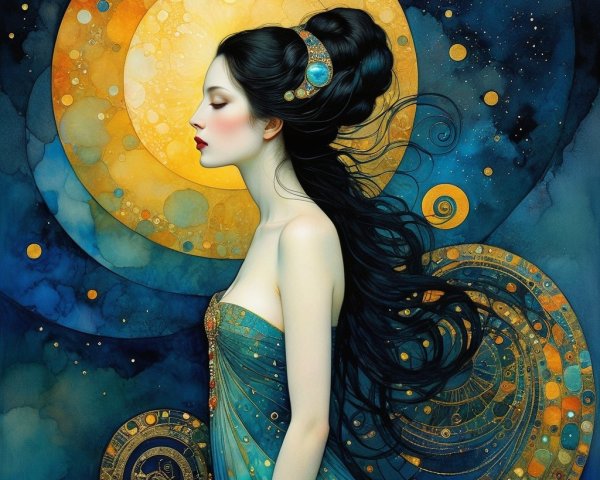 Serene Woman in Profile with Intricate Jewelry and Moon