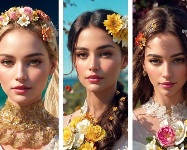 Triptych of Young Women with Floral Hair Decorations