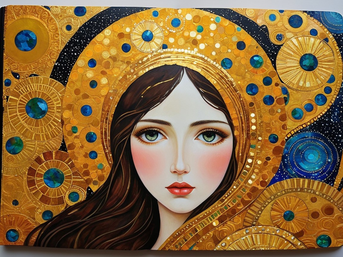 Portrait of a Woman with Green Eyes and Golden Background