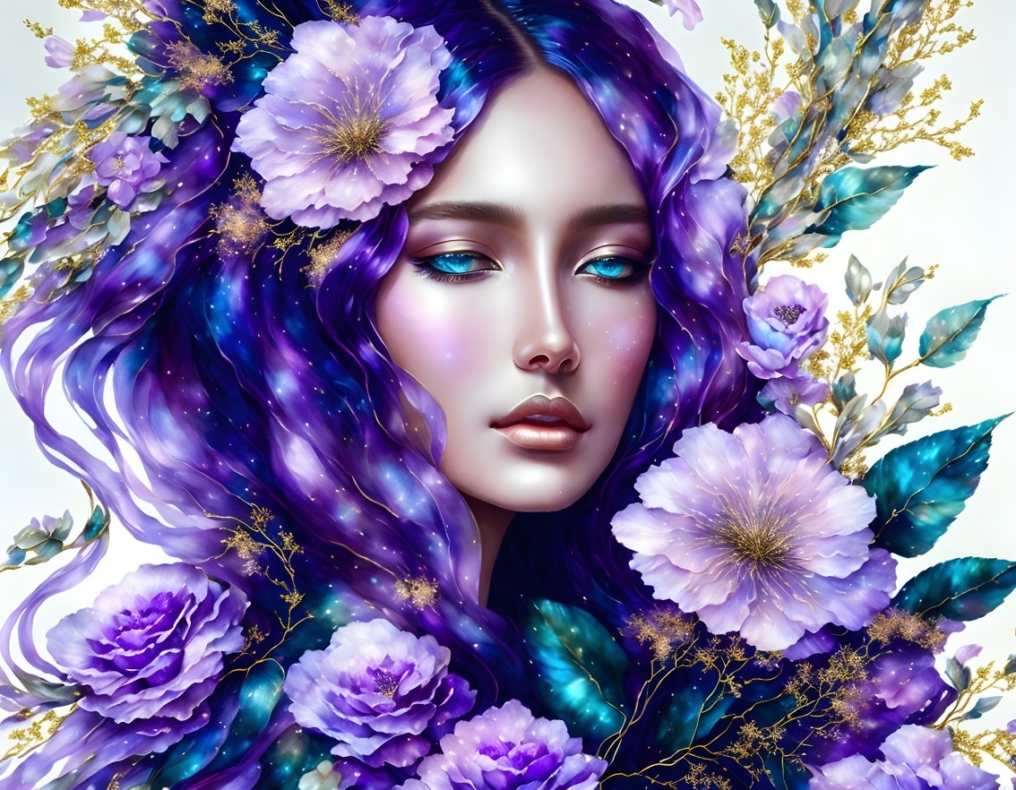 Digital Artwork of Woman with Purple Hair and Flowers