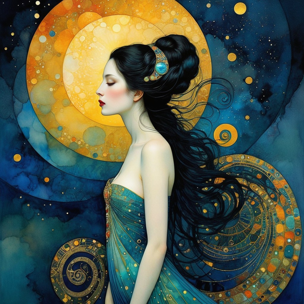 Serene Woman in Profile with Intricate Jewelry and Moon