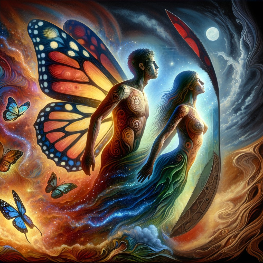 Ethereal Figures Amidst Butterflies and Cosmic Elements