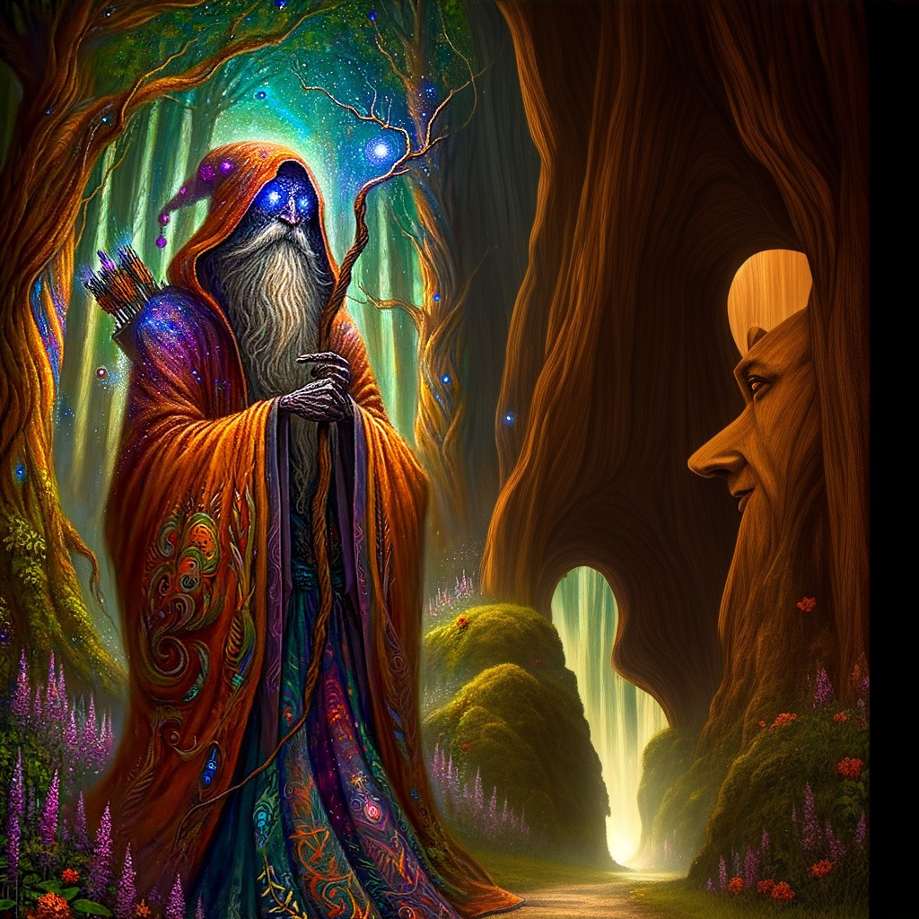 Mystical forest with a wizard and glowing flora