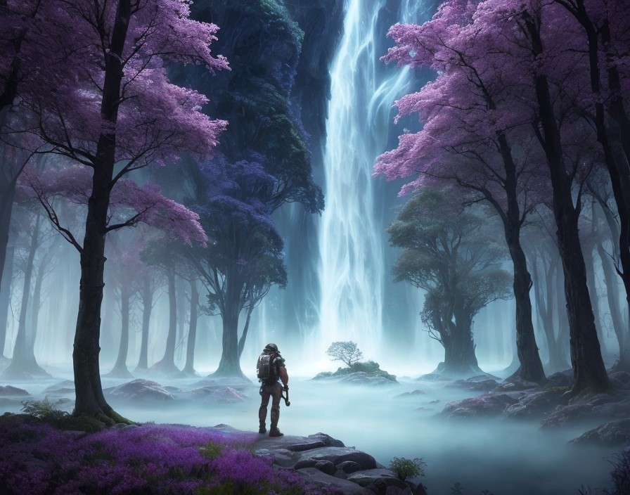 Hiker admiring majestic waterfall in misty woods