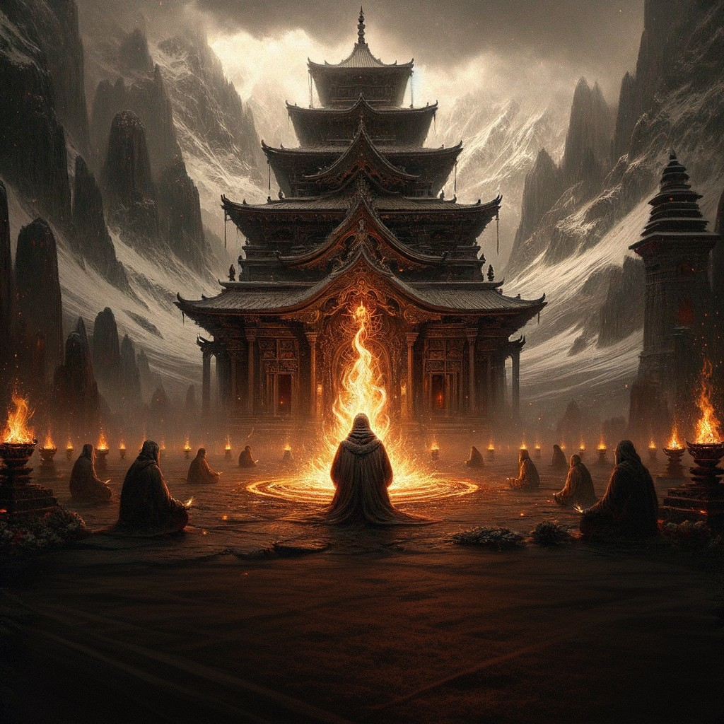 Majestic temple in mystical landscape with cloaked figures