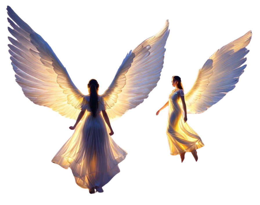 Angelic Figures with Detailed Wings Against Dark Background