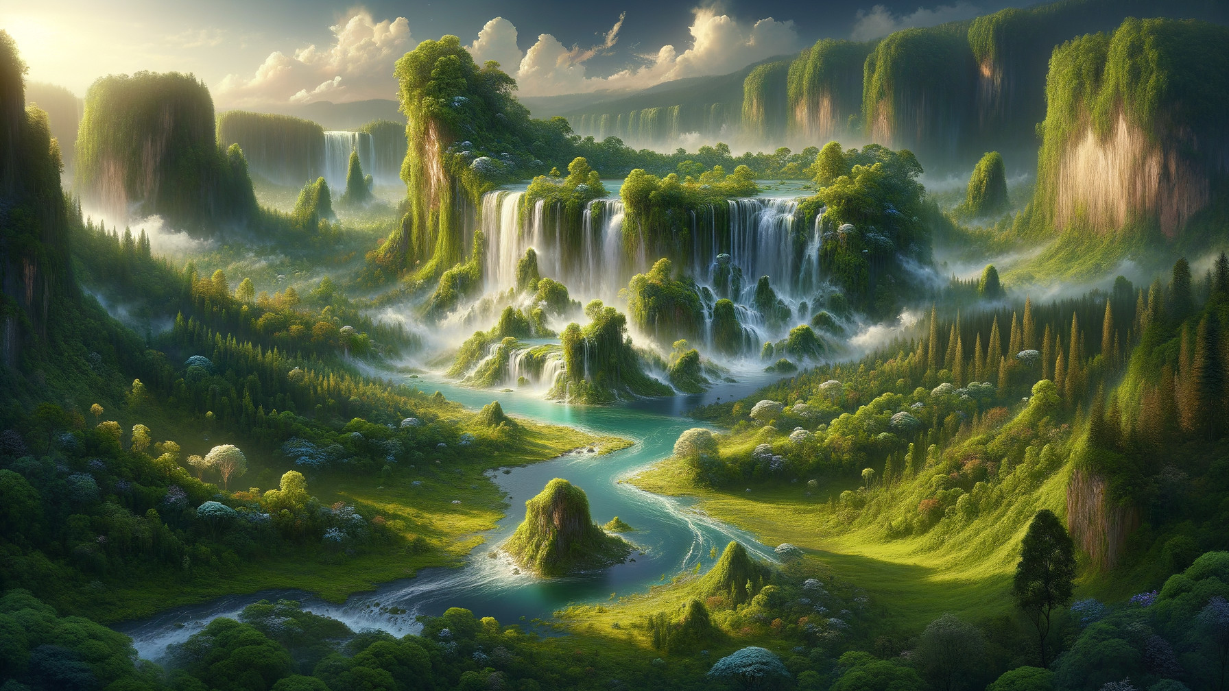 Cascading Waterfalls in Lush Green Landscape