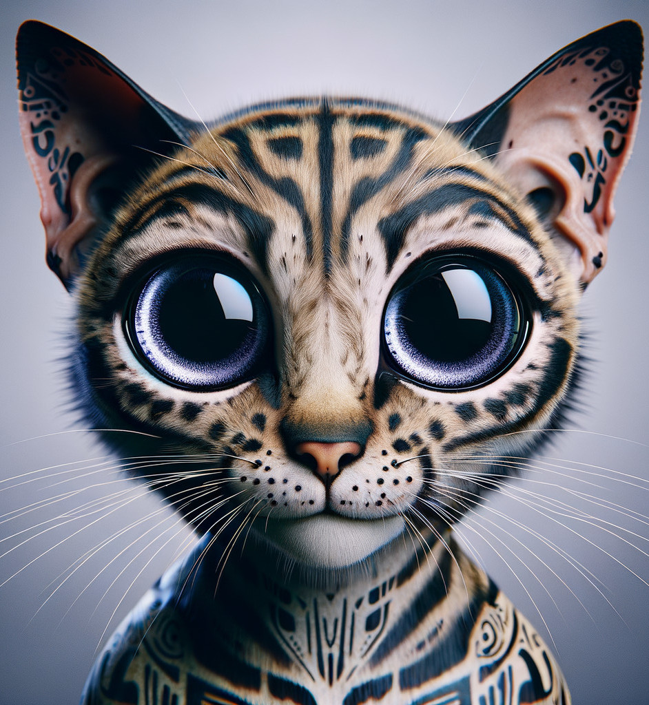 Whimsical Cat with Expressive Eyes and Tribal Patterns