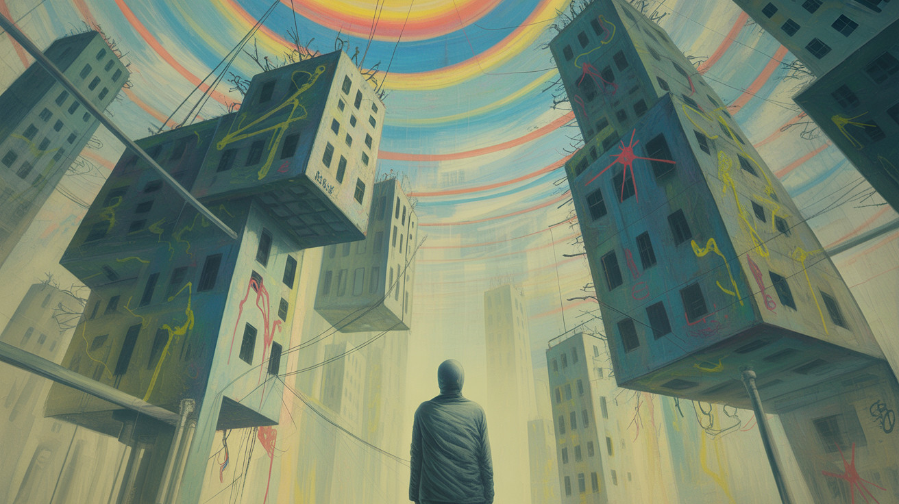 Surreal Urban Landscape with Abstract Floating Buildings