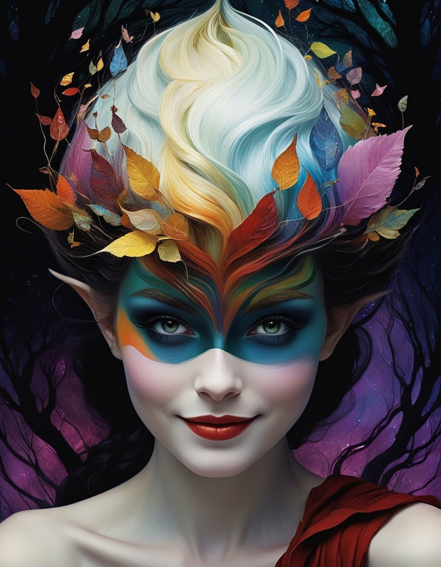 Fantastical figure with vibrant face paint in a forest