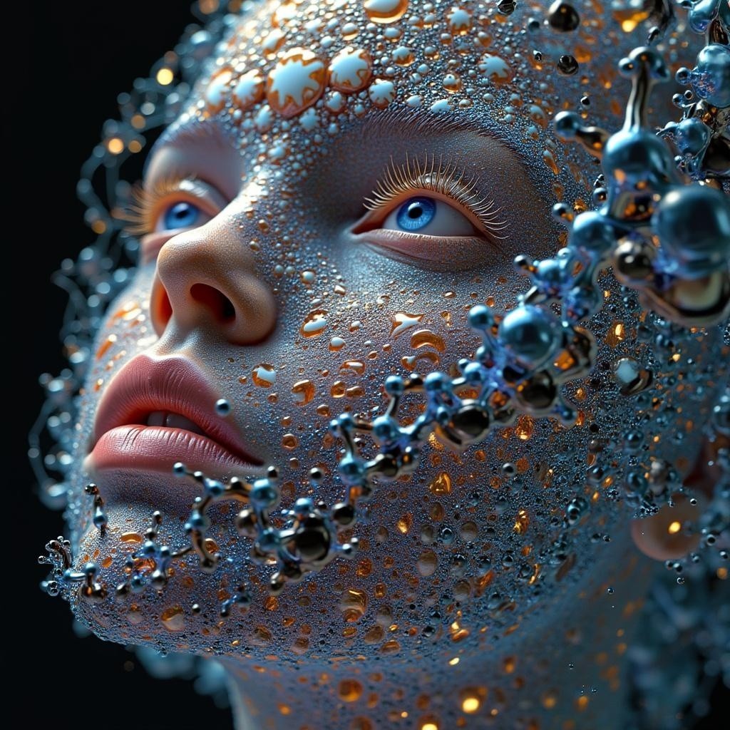 Close-up of a stylized face with shimmering droplets