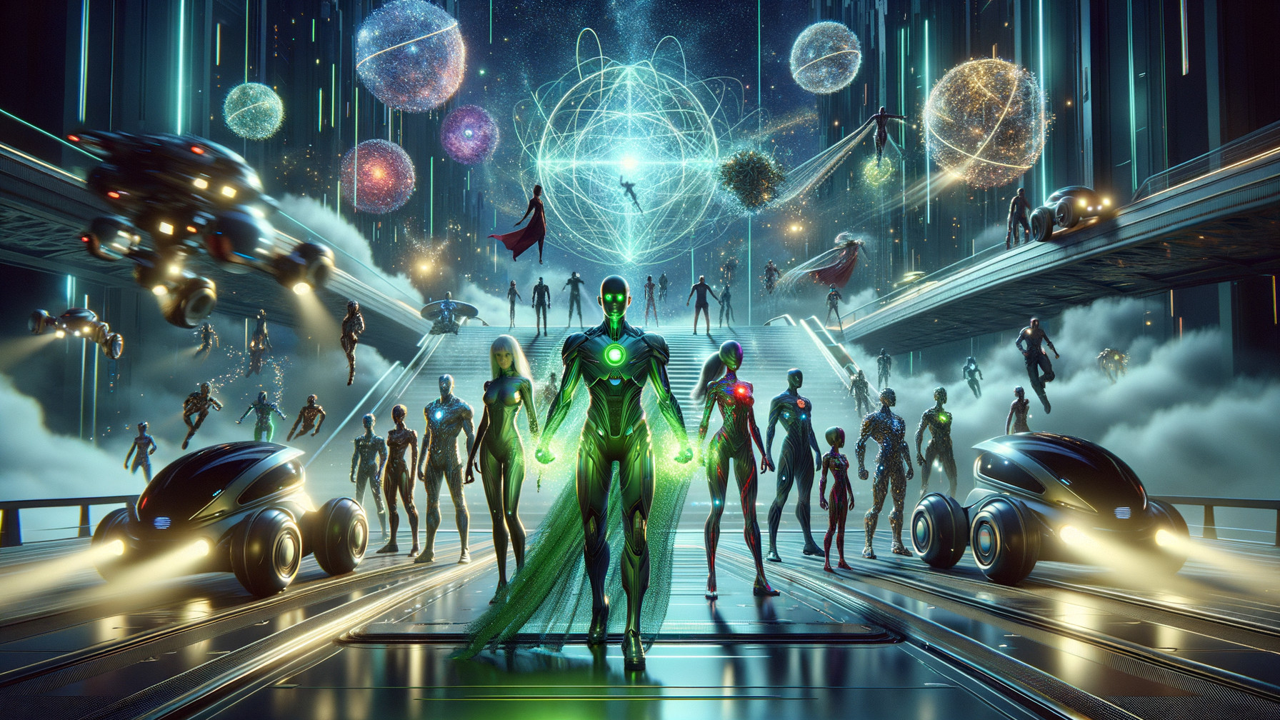 Futuristic Heroes on Grand Staircase in Cosmic Setting