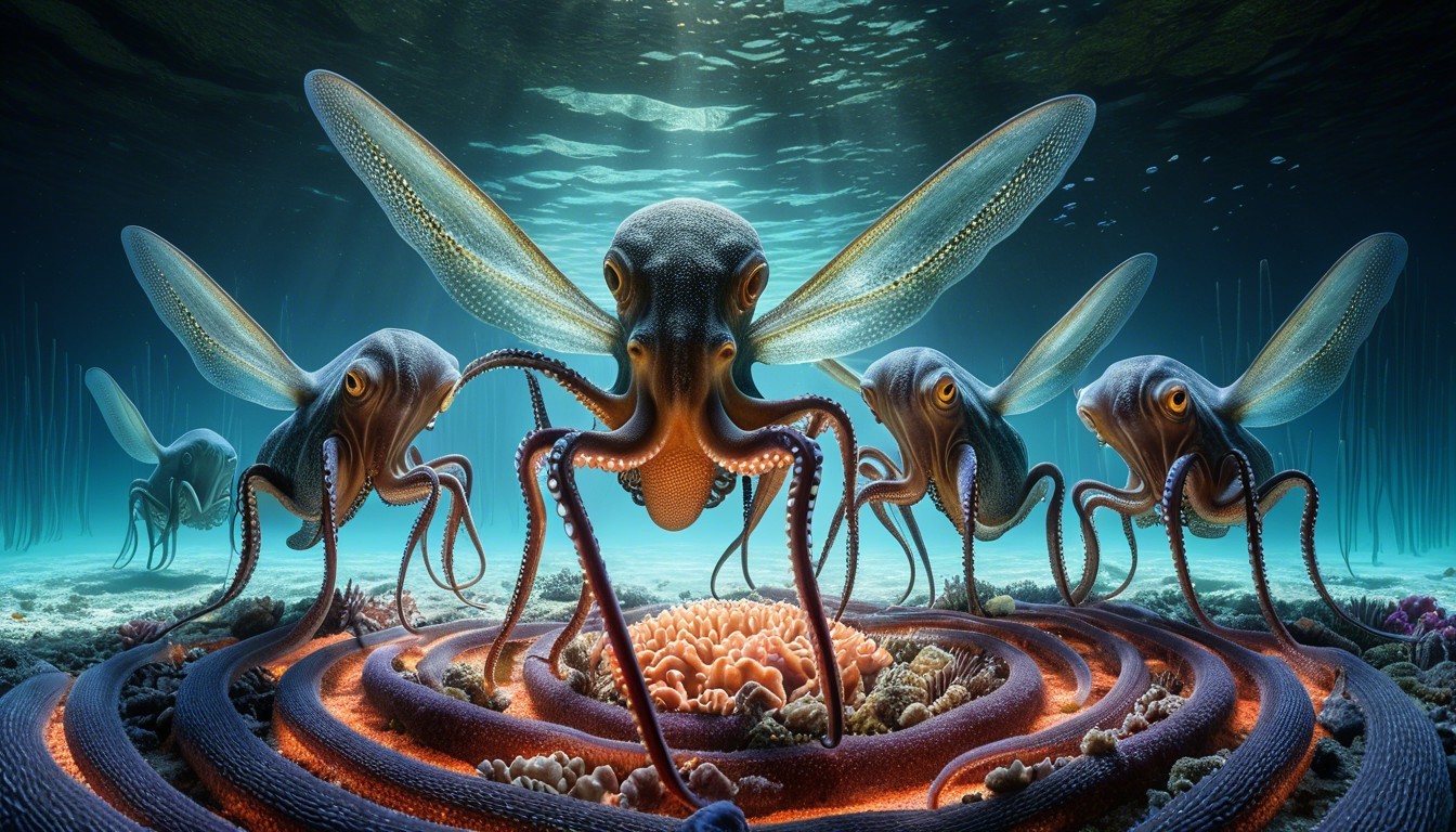 Surreal Underwater Scene with Winged Octopuses and Coral