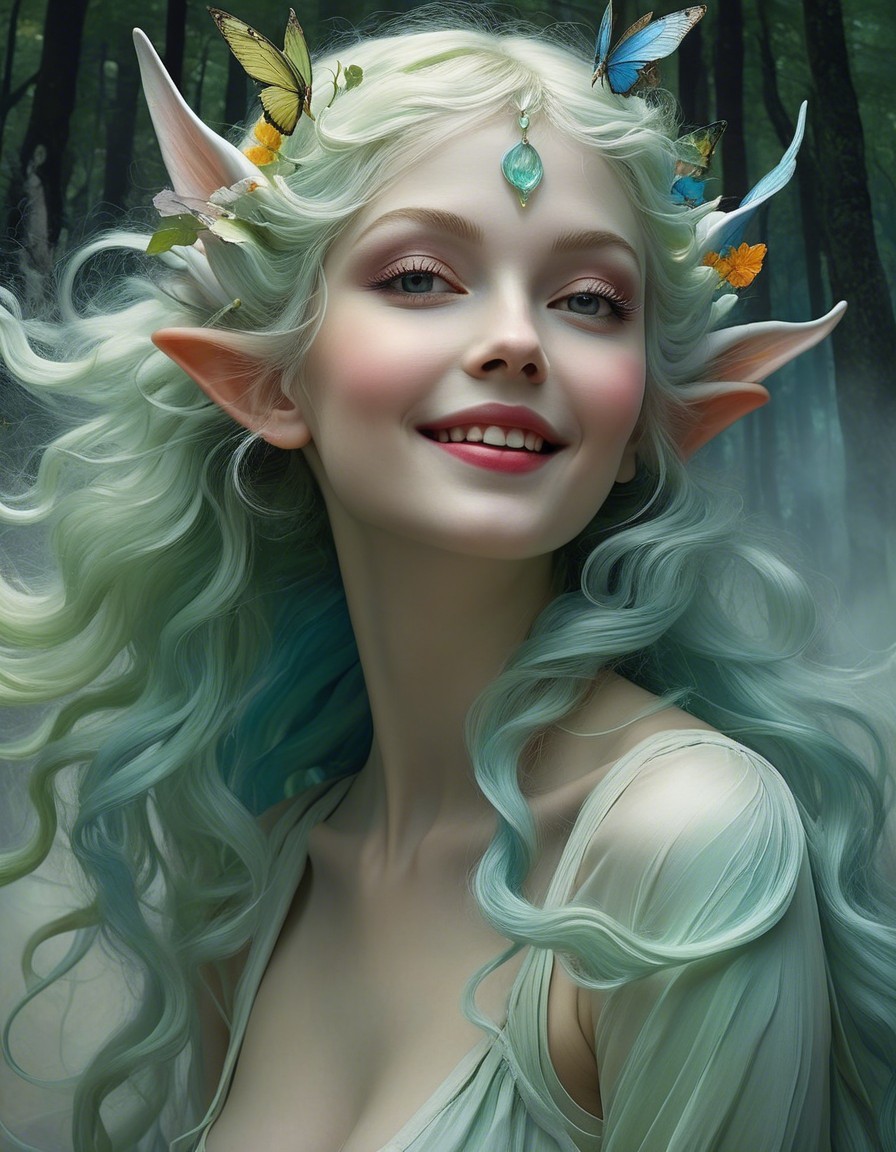 Whimsical Elf with Pastel-Green Hair in Misty Forest