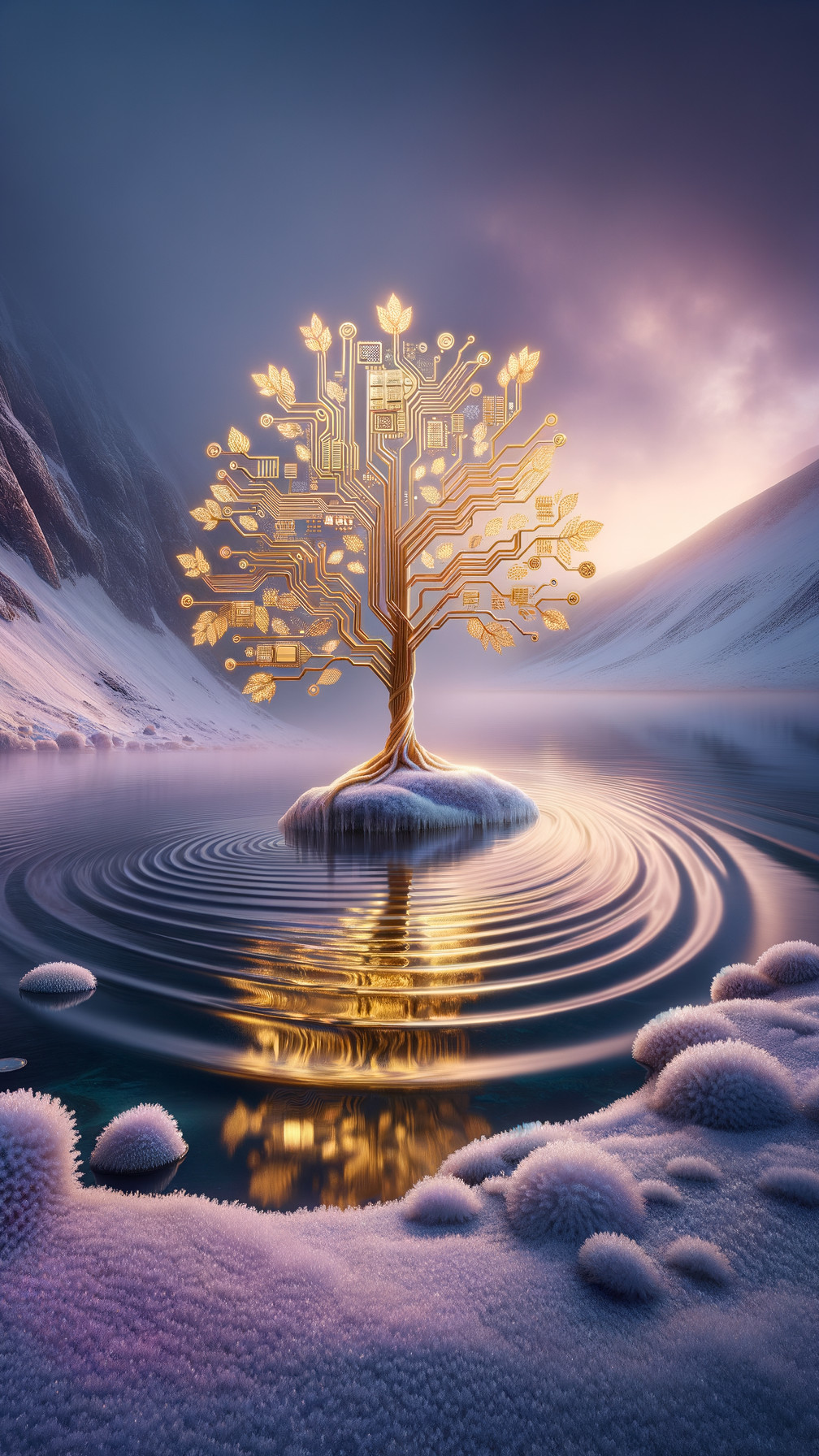 Surreal Landscape with Glowing Circuitry Tree