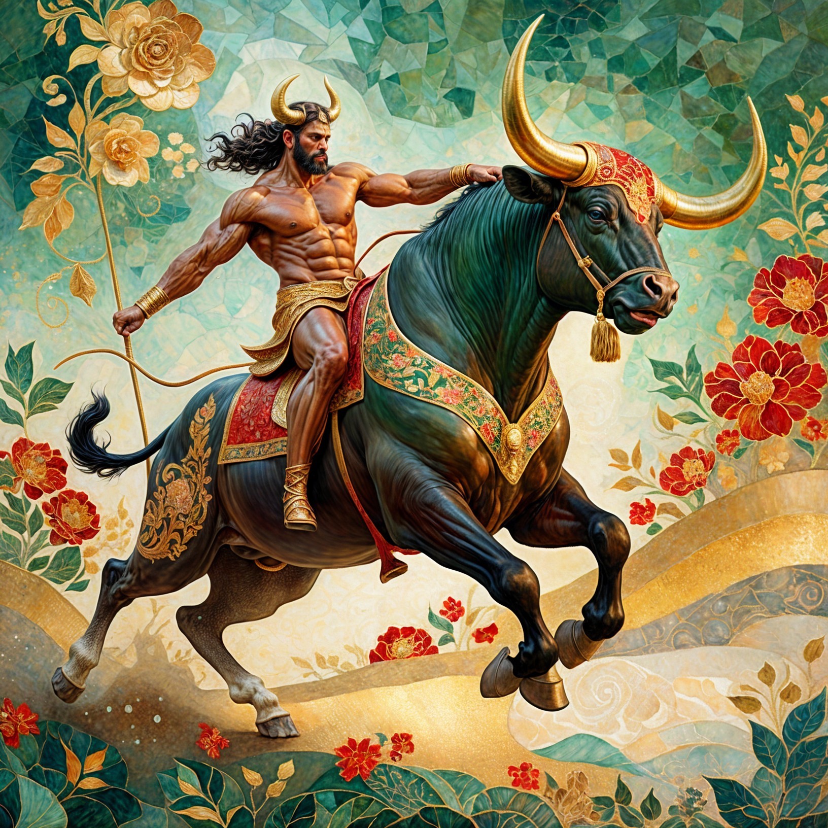 Muscular Warrior on Decorated Bull in Vibrant Scene