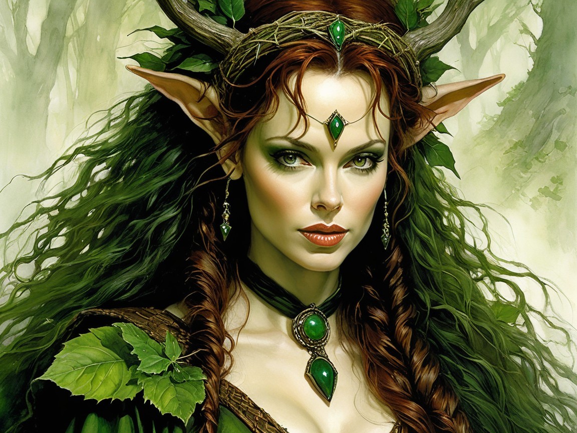 Mystical elf with green hair in enchanted forest setting