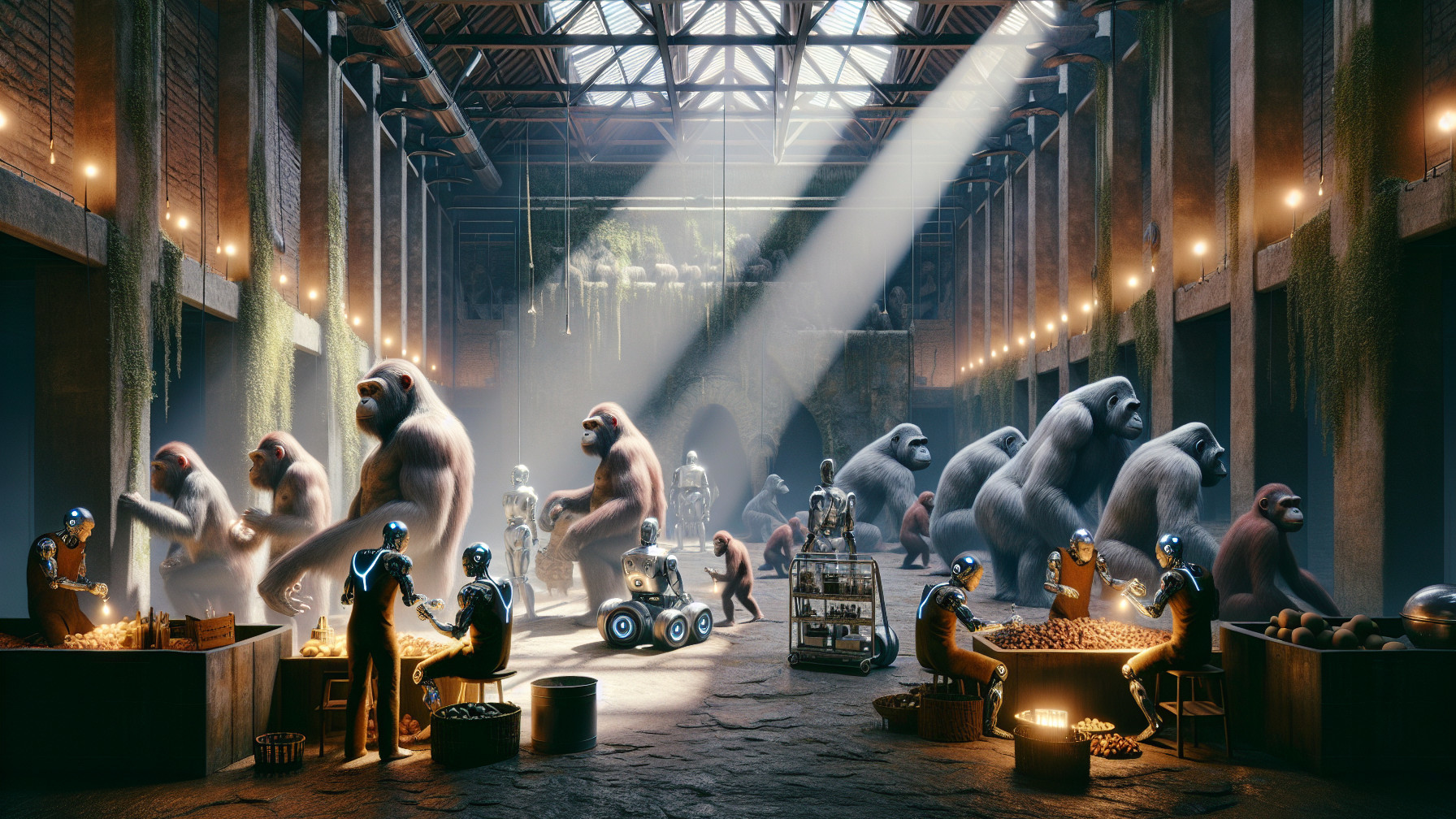 Futuristic Warehouse with Robots and Gorillas Collaborating