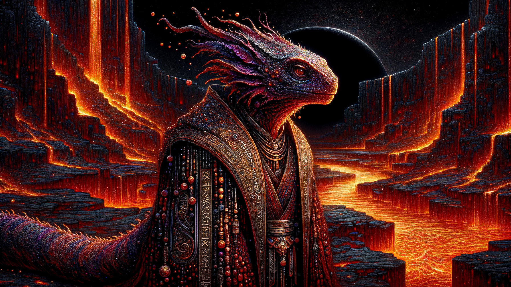Majestic Dragon-like Creature in Fiery Landscape