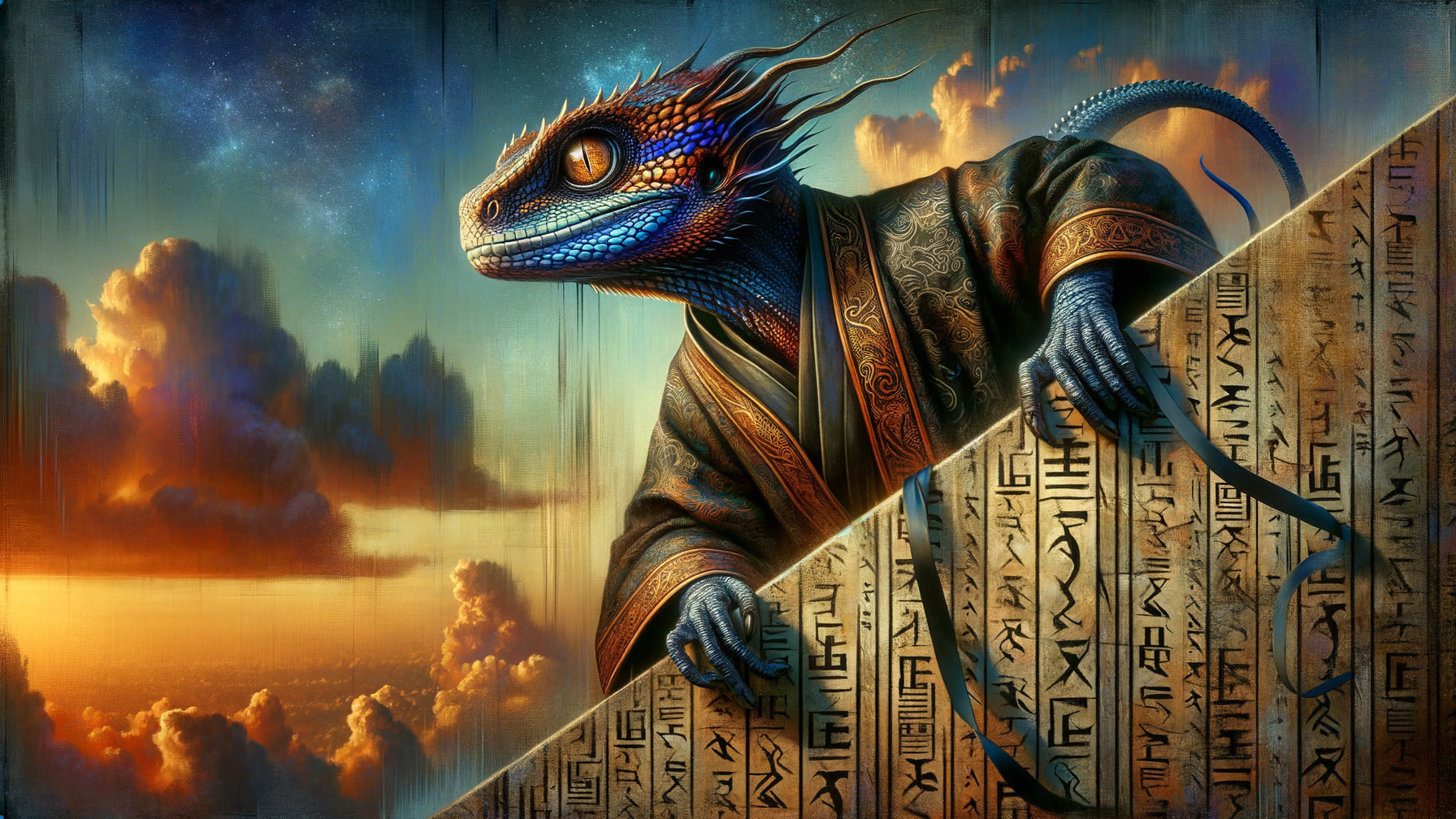 Mythical Lizard Creature in Ornate Robes at Sunset