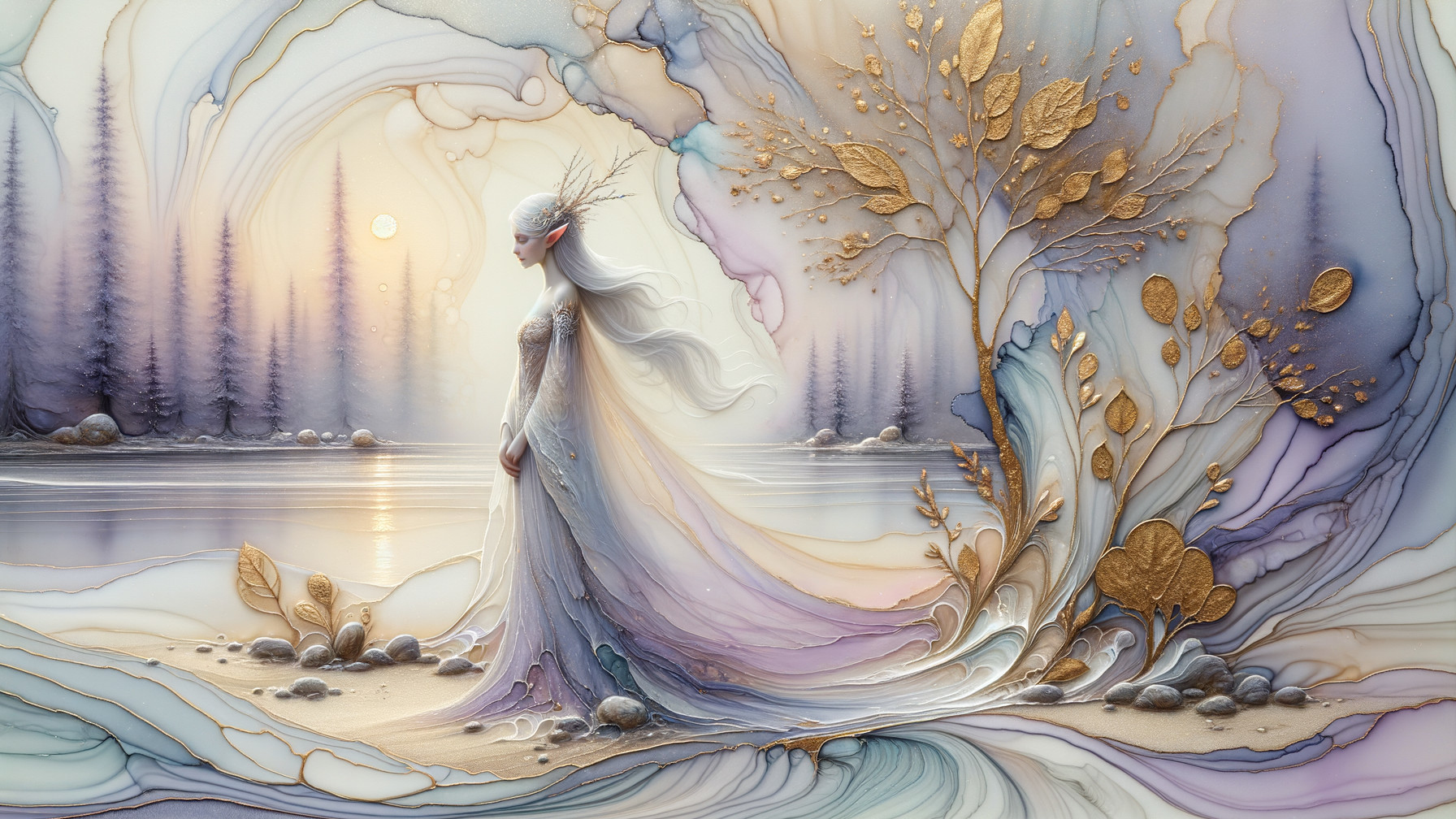 Ethereal Figure by Tranquil Lake in Pastel Landscape