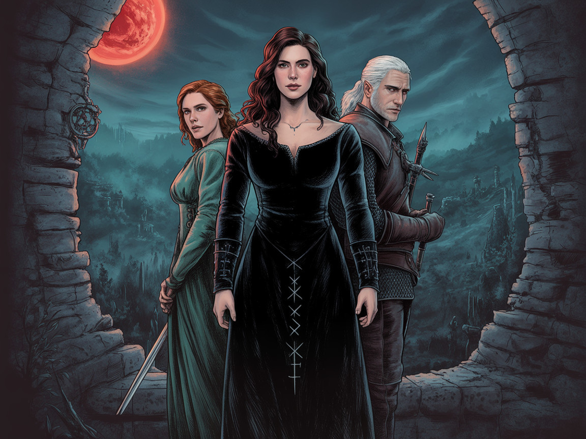 Dramatic Scene with Three Characters Under Moonlight