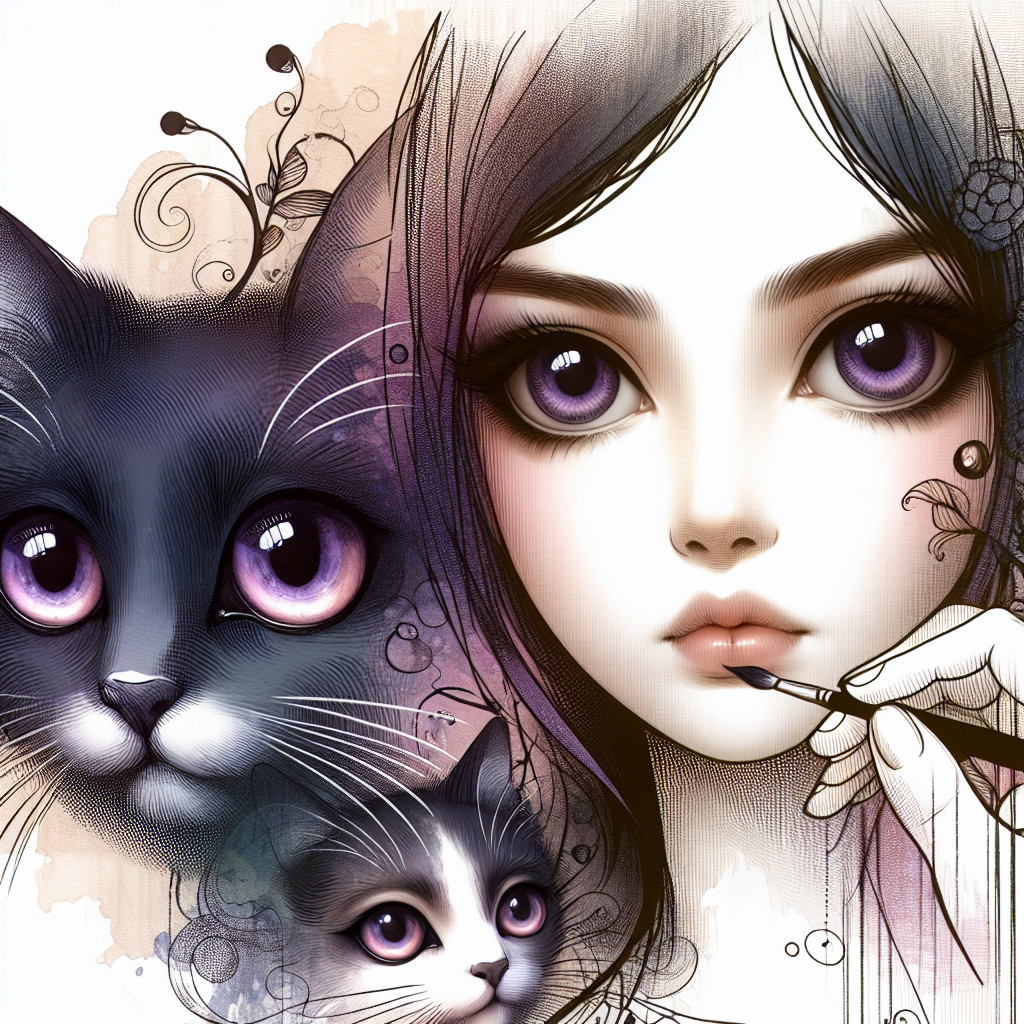 Artwork of a girl with purple eyes and stylized cats