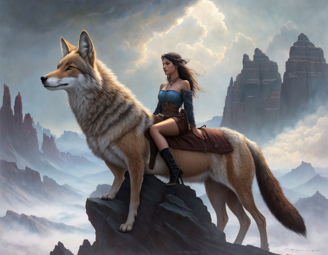 Woman in fantasy attire on giant wolf in ethereal landscape