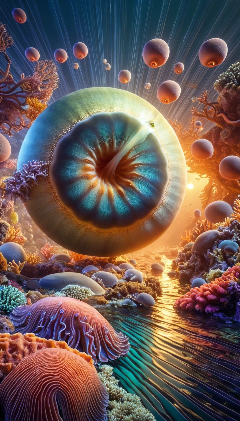 Surreal Underwater Scene with Luminous Eye Structure