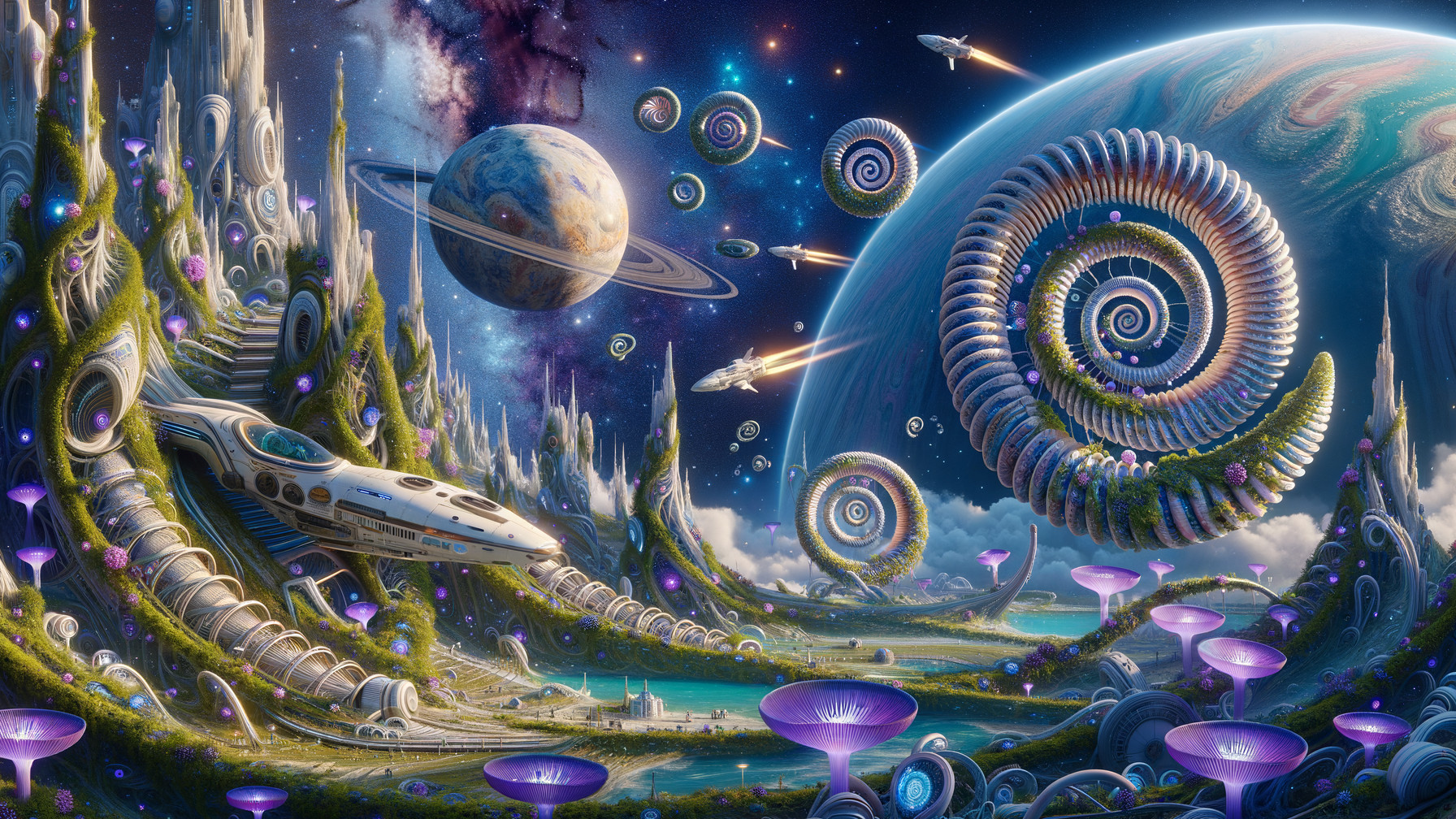 Alien Landscape with Spiraling Structures and Galaxies