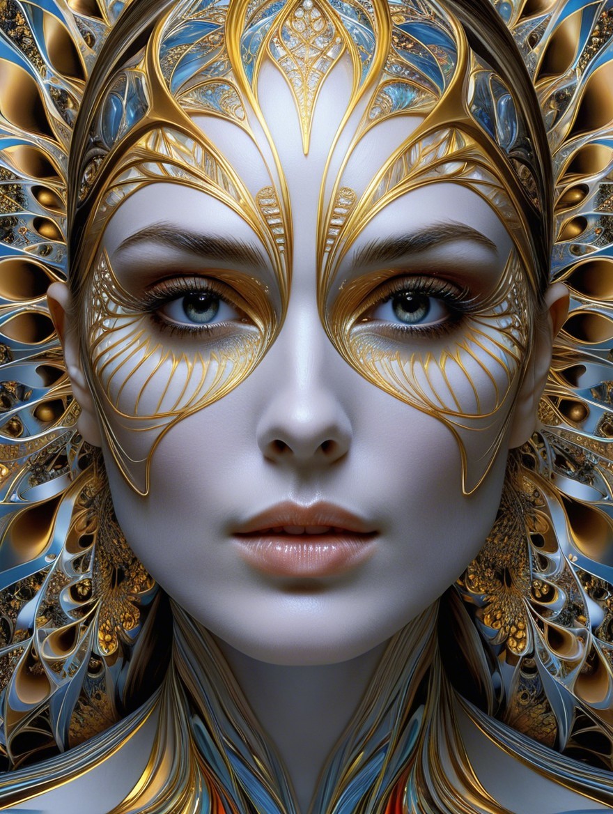 Female figure with golden butterfly mask and swirling background