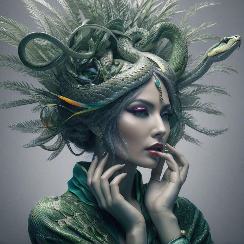 Striking Woman with Serpent Headdress and Bold Makeup