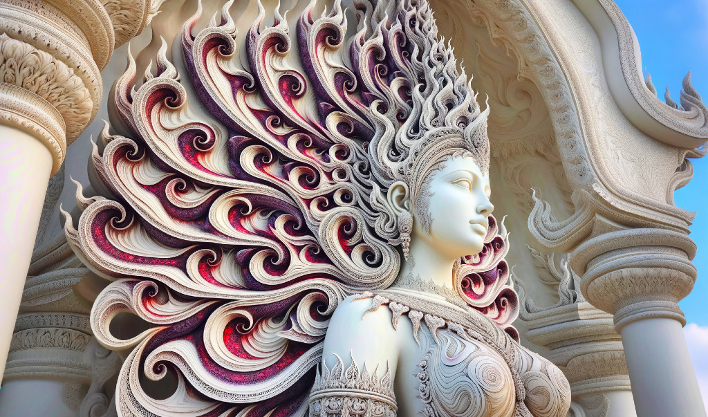 Intricately Carved Statue with Serene Figure and Patterns
