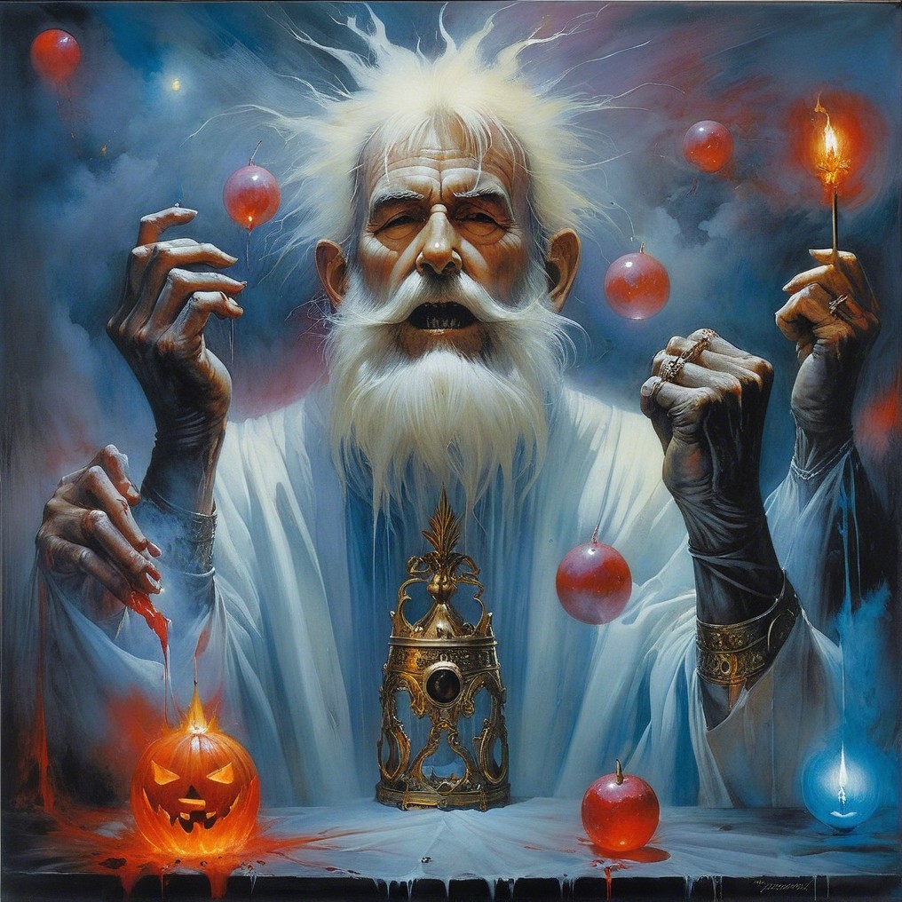 Mystical Figure with White Beard and Enchanting Orbs
