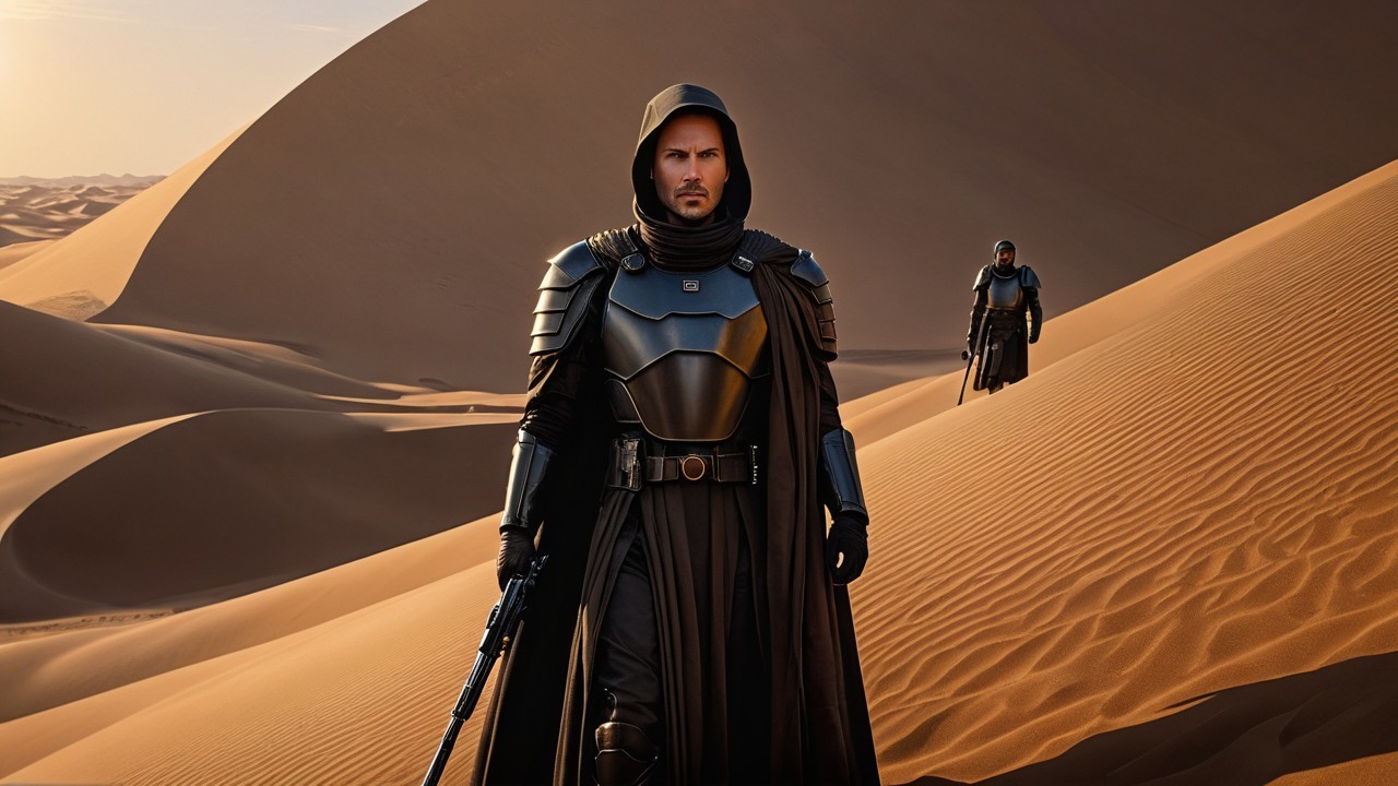 Lone Figure in Armored Robes in Desert Landscape