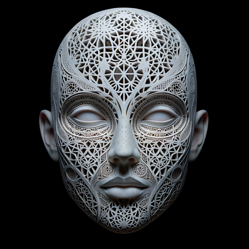 Surreal Face Design with Lace Patterns on Dark Background