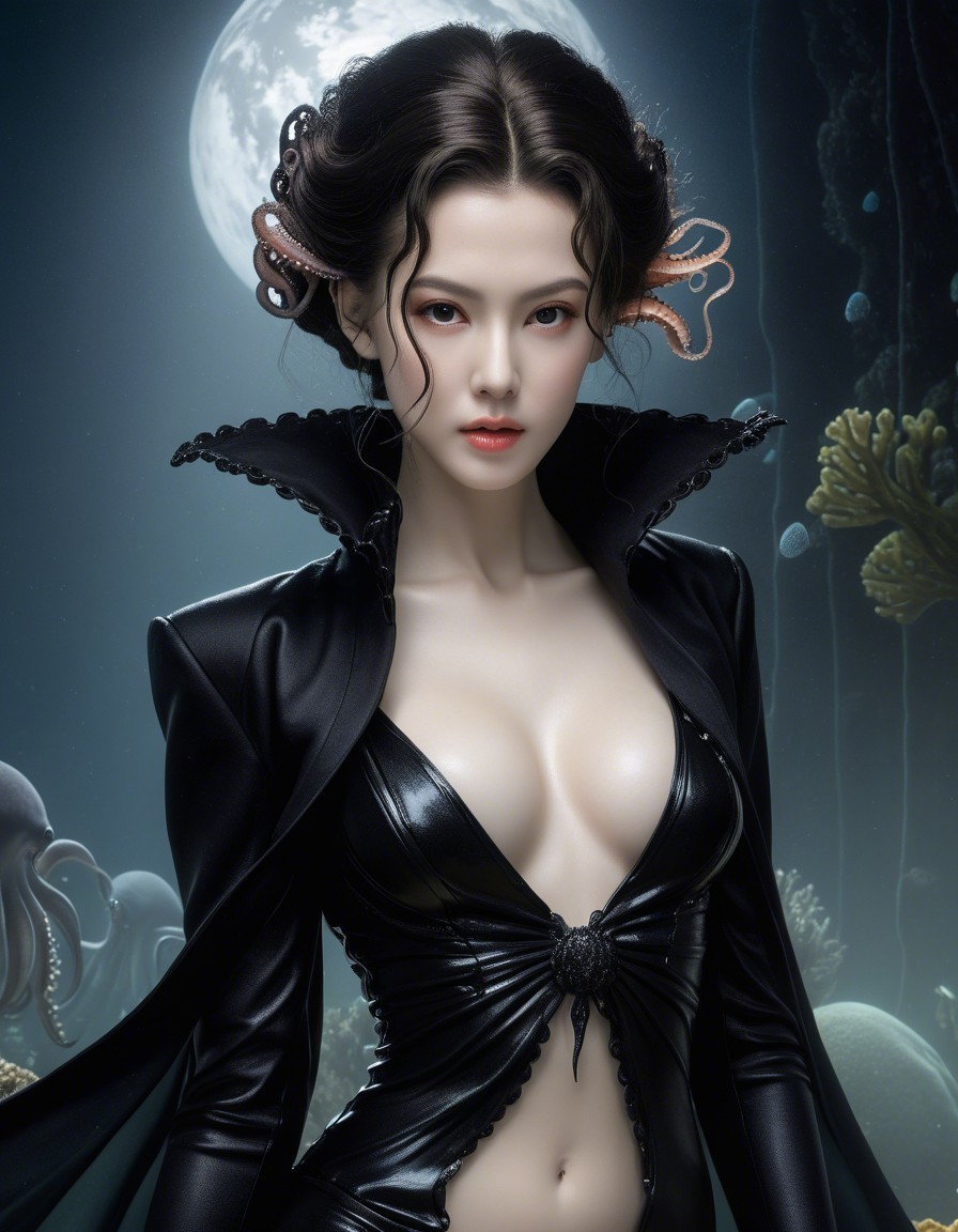 Underwater Scene with Elegant Figure and Moonlight