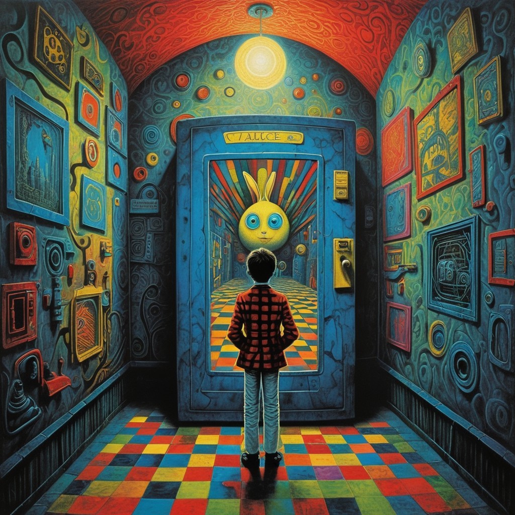 Surreal Hallway with Whimsical Blue Door and Art