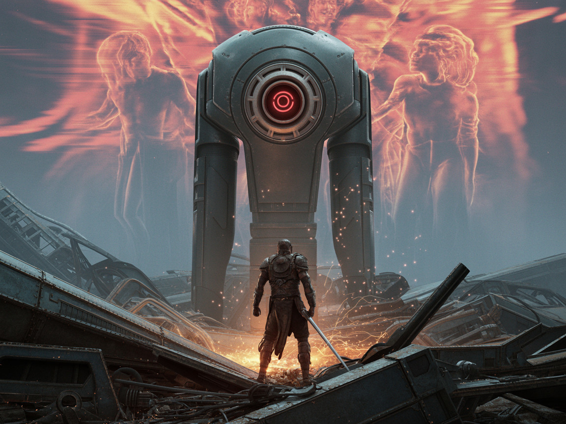 Dystopian Scene with Figure, Robot, and Ghostly Silhouettes