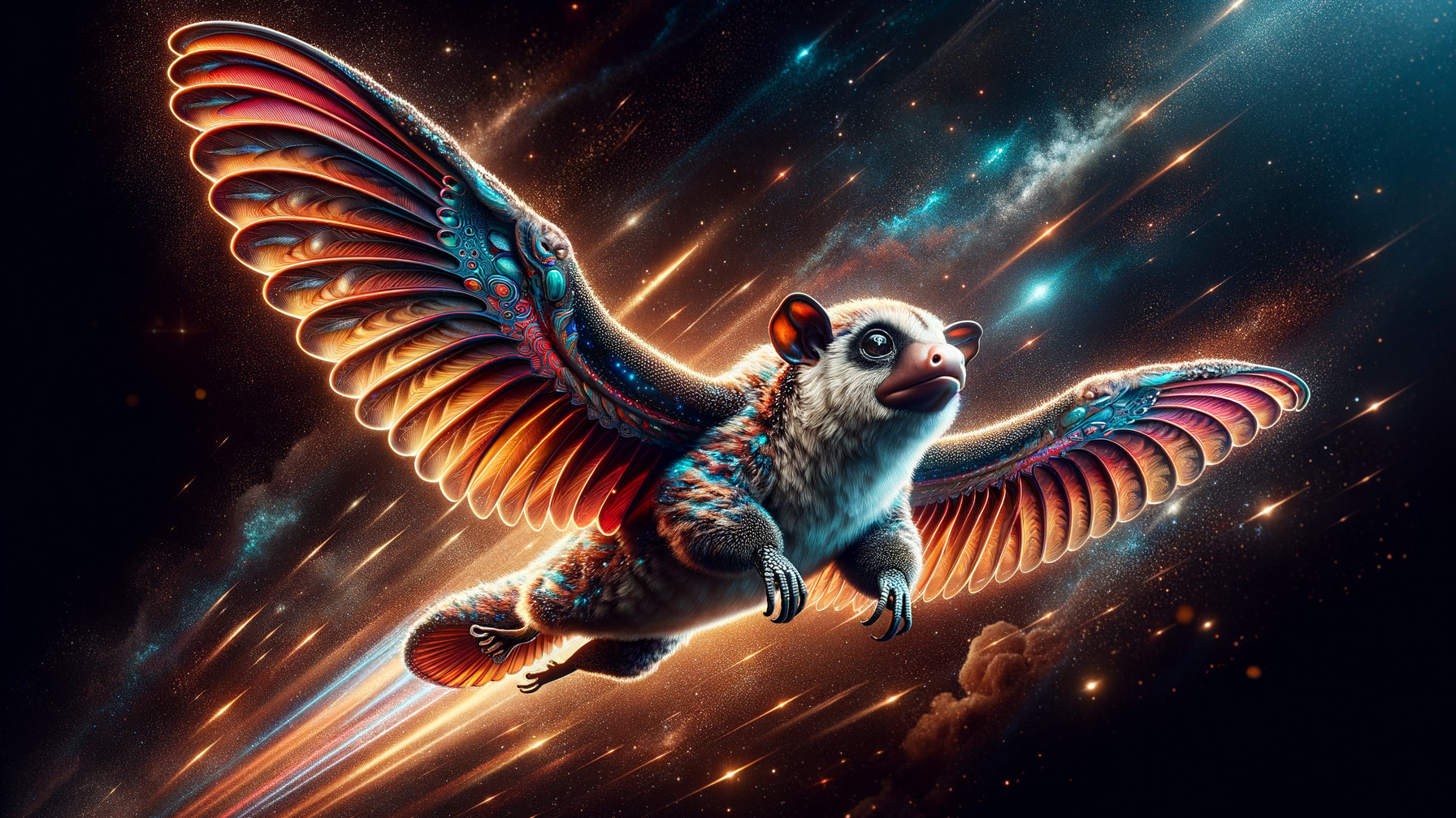 Hedgehog-Bird Creature in Cosmic Colorful Scene